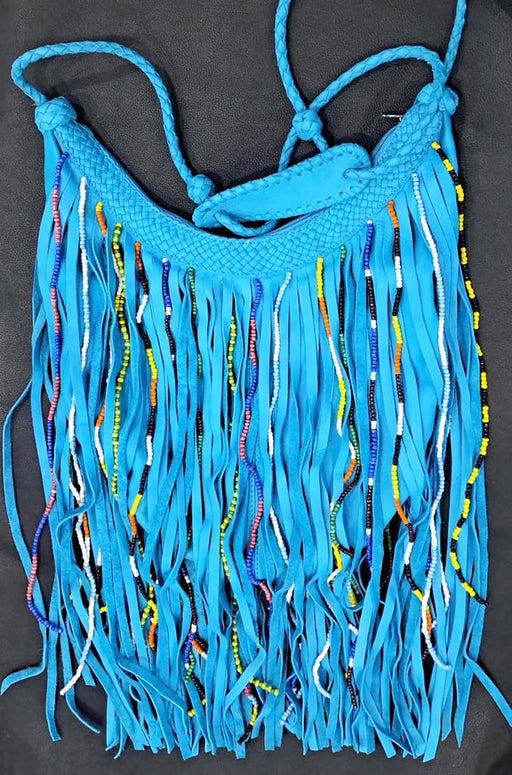 Women’s Western Turquoise Fringe Crossbody Bag – Genuine Leather with Multicolor Beaded Fringe | Boho Western Shoulder Purse | 12.5" L x 15" H| 18GAH01TR