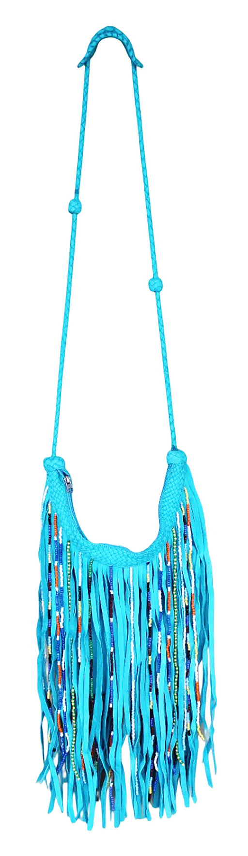 Women’s Western Turquoise Fringe Crossbody Bag – Genuine Leather with Multicolor Beaded Fringe | Boho Western Shoulder Purse | 12.5" L x 15" H| 18GAH01TR