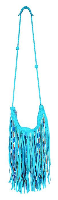 Women’s Western Turquoise Fringe Crossbody Bag – Genuine Leather with Multicolor Beaded Fringe | Boho Western Shoulder Purse | 12.5" L x 15" H| 18GAH01TR