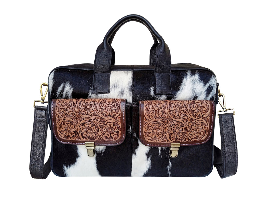 Challenger Cowhide Western Floral Tooled Pebbled Leather Business Portfolio Messenger Bag 18QSM01