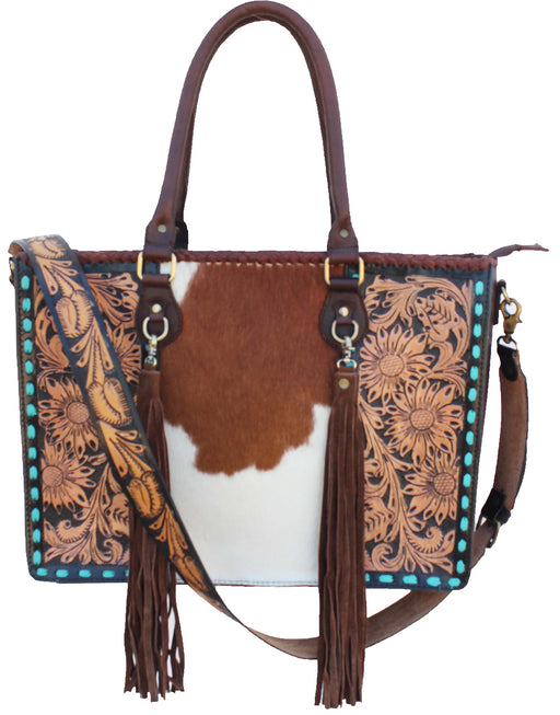 Women's Western Floral Tooled Cowhide Leather Shoulder Handbag Tote 18RAH11