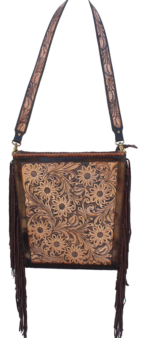 Women's Large Western Antique Floral Tooled Leather Shoulder Handbag 18RAH12