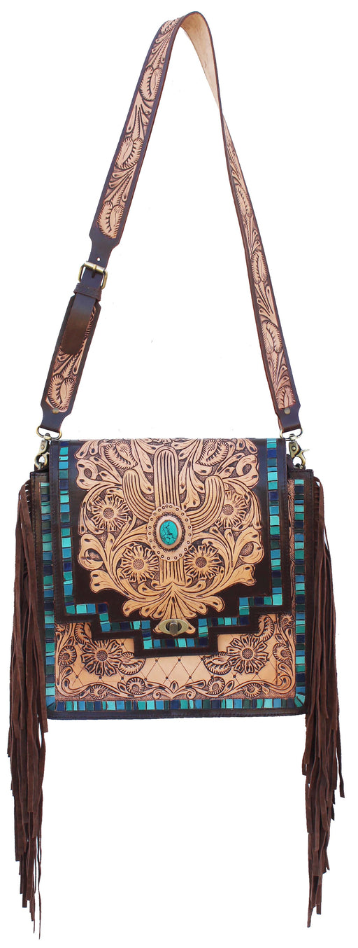 Women's Western Turquoise Cactus Floral Tooled Leather Shoulder Handbag 18RAH13