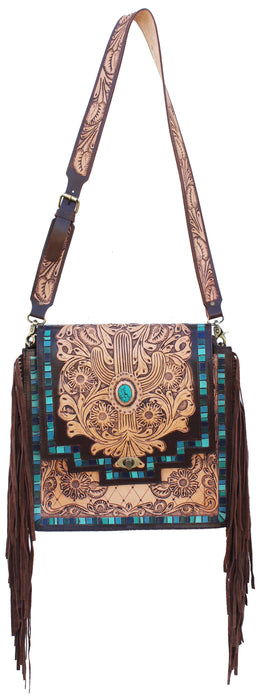 Women's Western Turquoise Cactus Floral Tooled Leather Shoulder Handbag 18RAH13