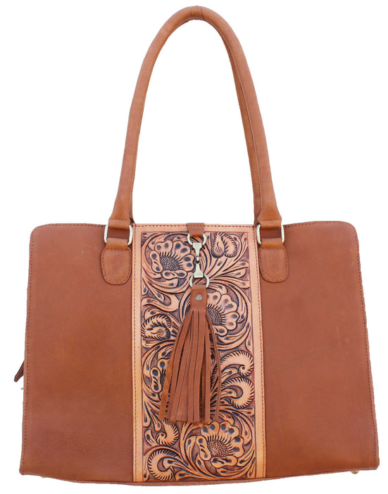Women's Western Soft Pebbled Leather Floral Tooled Shoulder Handbag Tote 18RAH16