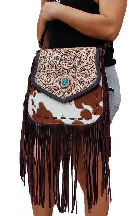 Women's Cowhide Western Floral Tooled Leather Shoulder Purse Handbag 18RAH20