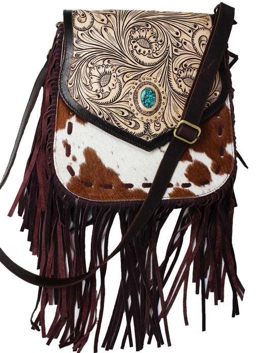 Women's Cowhide Western Floral Tooled Leather Shoulder Purse Handbag 18RAH20