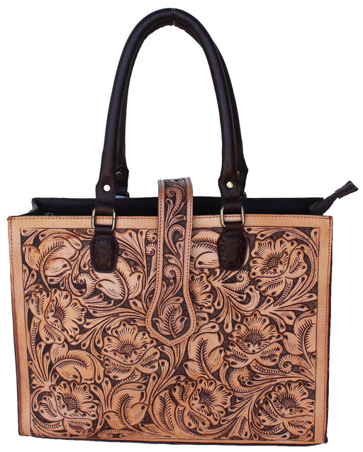 Women's Western Hand Crafted Floral Tooled Both Side Leather Shoulder Handbag Tote 18RAH24