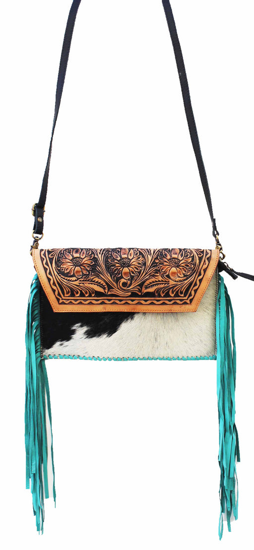 Bag Flap Over Cowhide Leather Crossbody Bag Tooled Shoulder Bag Fringe 18RAH31TR