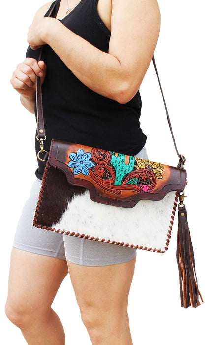 Women's Cowhide Western Cactus Tooled Leather Shoulder Purse Handbag 18RAH37