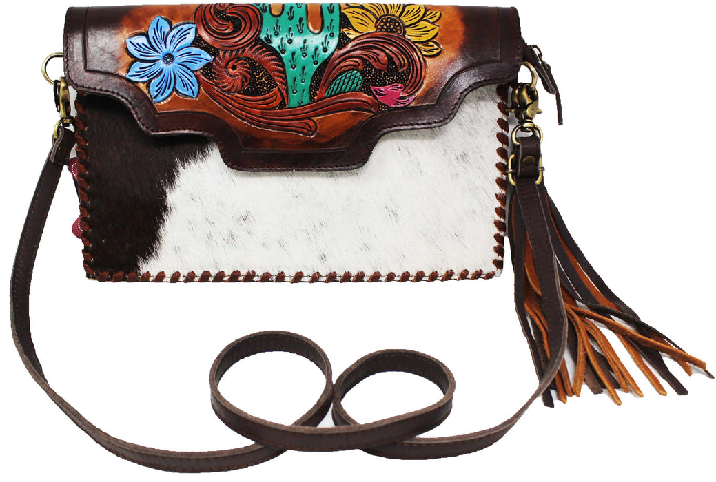Women's Cowhide Western Cactus Tooled Leather Shoulder Purse Handbag 18RAH37
