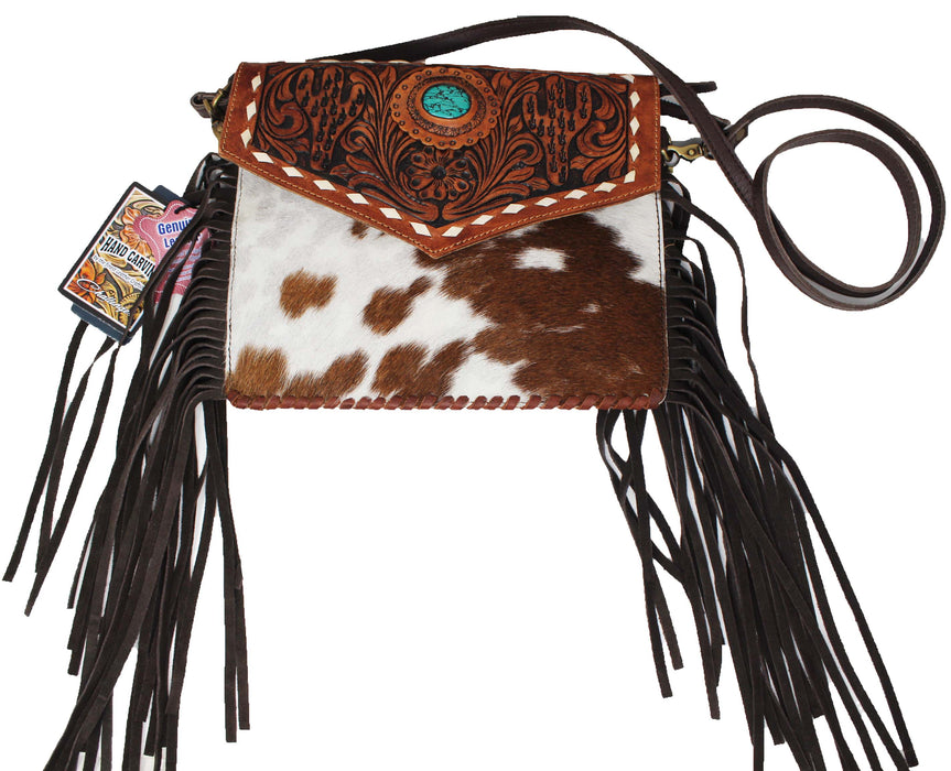 Women's Cowhide Western Cactus Tooled Leather Shoulder Purse Handbag 18RAH38