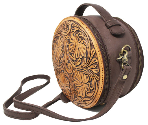 Women's Western Cowgirl Floral Tooled Round Canteen Leather Shoulder Bag 18RAH42