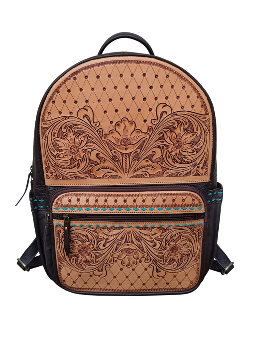 Challenger Turquoise Trail Western Leather Backpack, Floral Tooled w/ Turquoise Accents, Multi Pocket Carry Bag 18RSB02