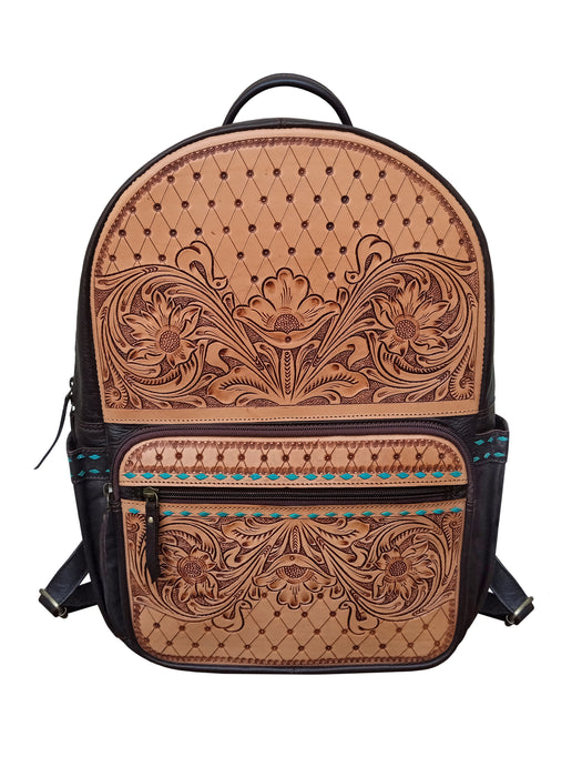 Challenger Turquoise Trail Western Leather Backpack, Floral Tooled w/ Turquoise Accents, Multi Pocket Carry Bag 18RSB02