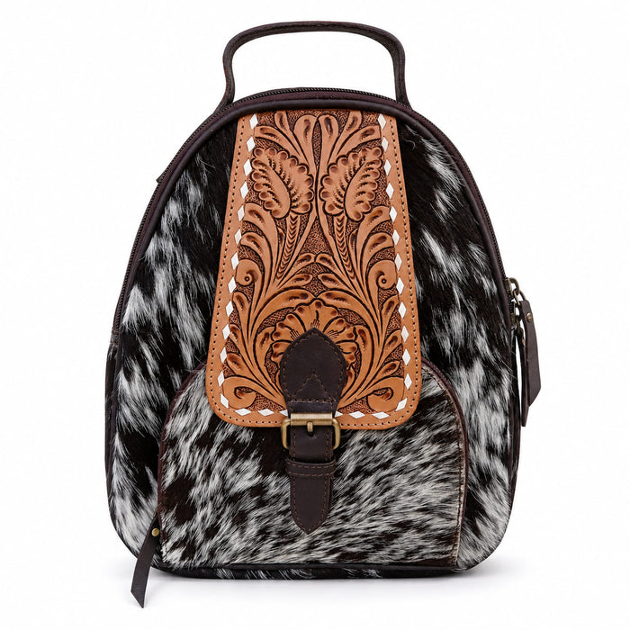 Challenger Western Leather Backpack Purse, Cowhide Bag w/ Hand Tooled Floral Flap Mini Backpack 18RSB08