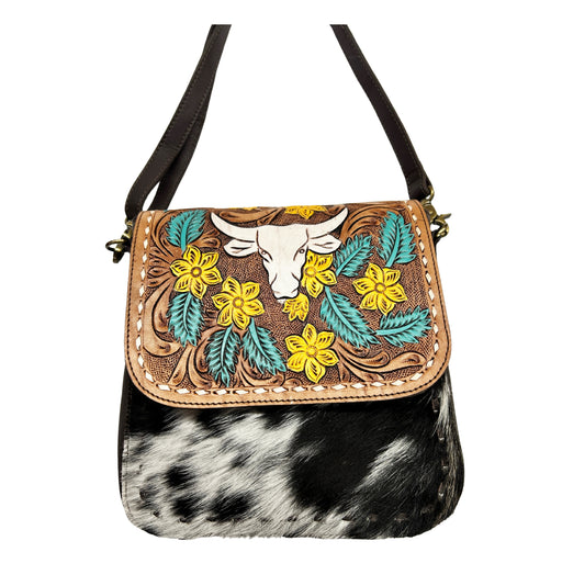 Women's Cowhide Western Floral Bull Head Tooled Leather Shoulder Purse Crossbody Bag 18RSH02