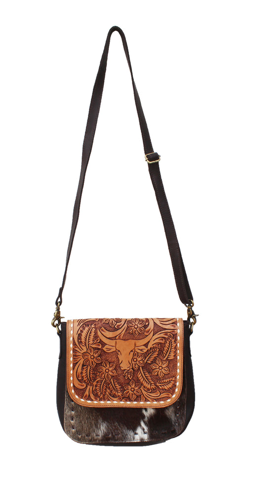 Women's Cowhide Western Floral Bull Head Tooled Leather Shoulder Purse Crossbody Bag 18RSH05 18RSH05