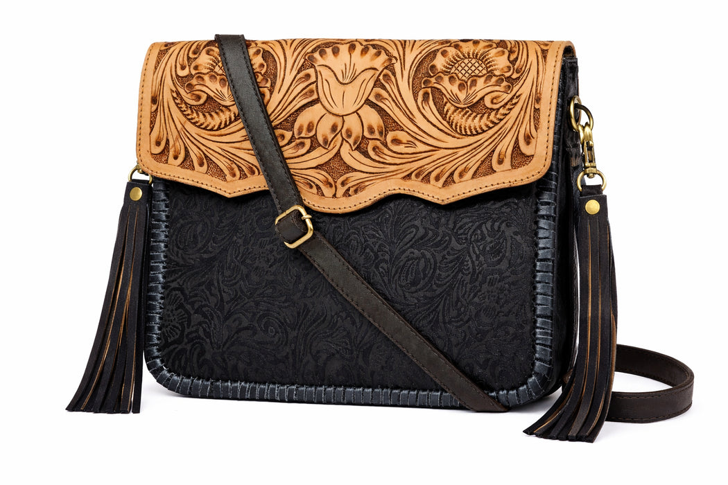 Women's Cowhide Western Floral Embosed Leather Shoulder Purse Handbag 18RSH06