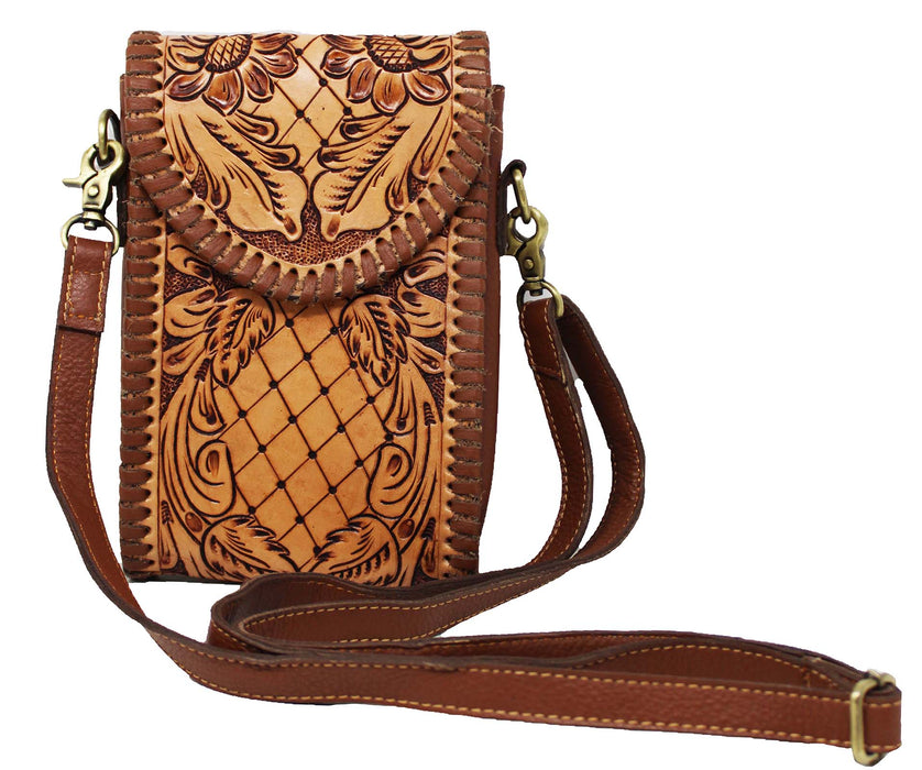 Women's Western Floral Tooled Brown Laced Leather Wallet Crossbody Bag 18RSH16