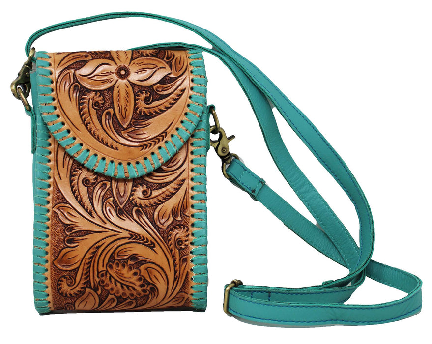 Women's Western Floral Tooled Turquoise Laced Leather Wallet Crossbody Bag 18RSH17