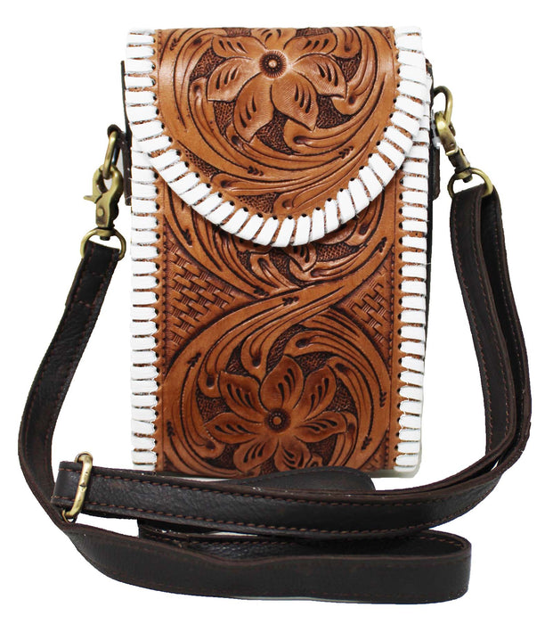 Women's Western Floral Tooled White Laced Leather Wallet Crossbody Bag 18RSH18