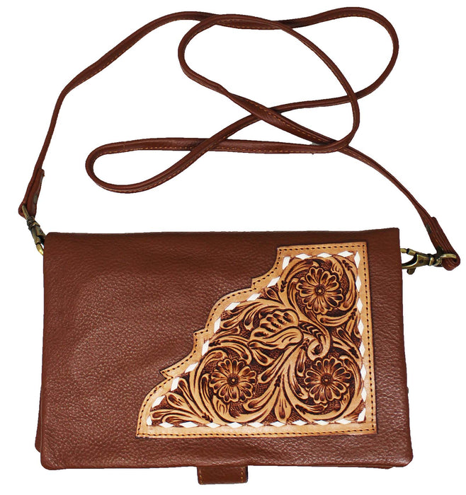 Women's Western Floral Handcrafted Pebbled Leather Shoulder Versatile Wallet Crossbody Bag 18RSH20