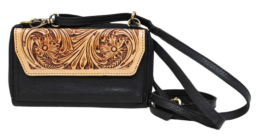 Women's Western Floral Tooled Pebbled Leather Phone Wallet Crossbody Bag 18RSH21