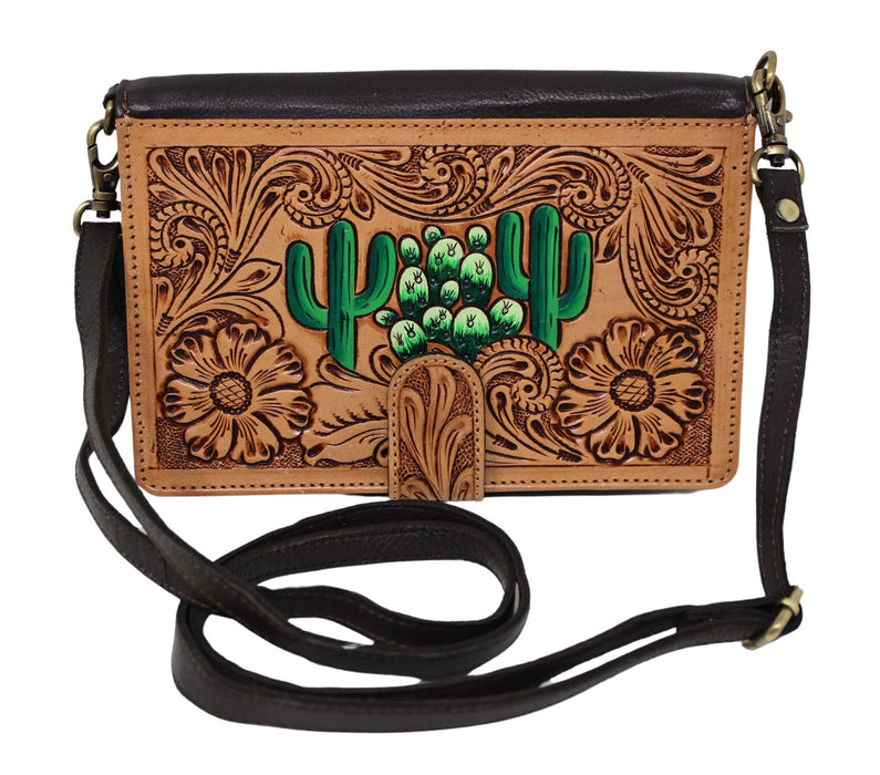 Women's Western Cactus Floral Tooled Pebbled Leather Wallet Crossbody Bag 18RSH22 18RSH22