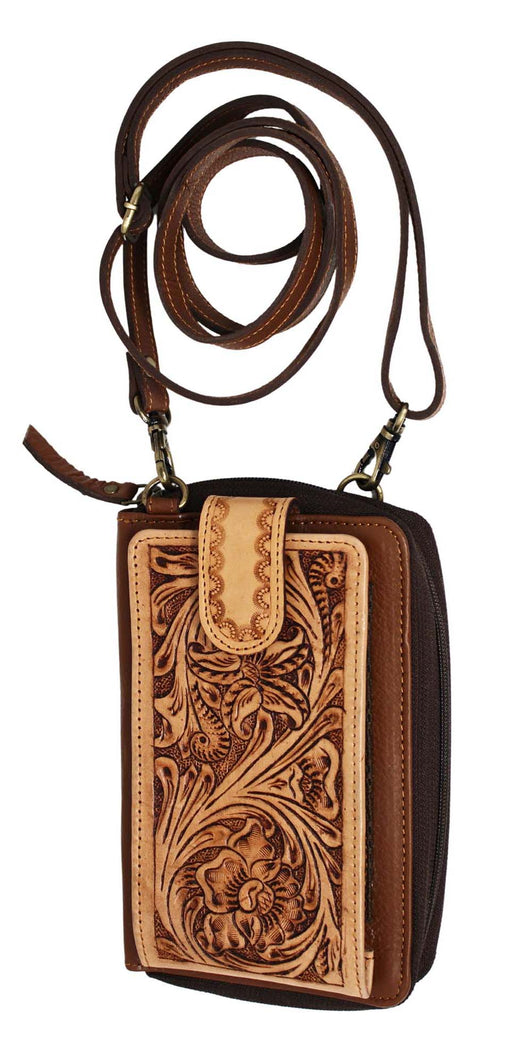 Women's Western Floral Tooled Pebbled Leather Phone Wallet Crossbody Bag 18RSH23 18RSH23