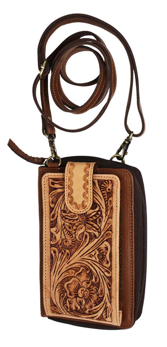 Women's Western Floral Tooled Pebbled Leather Phone Wallet Crossbody Bag 18RSH23 18RSH23