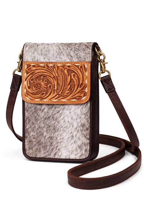 Western Cowhide Antique Floral Tooled Buckstitch Leather Crossbody Phone Bag Pouch 18RSH24