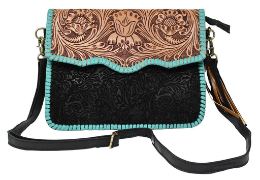 Women's Western Floral Black Embossed Turquoise Laced Leather Crossbody Shoulder Bag 18RSH25