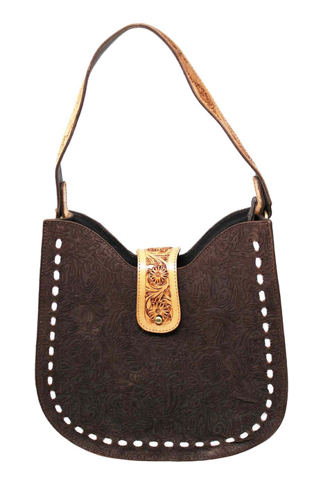 Women's Western Brown Embossed Floral Tooled Leather Shoulder Handbag Purse 18RSH27 18RSH27