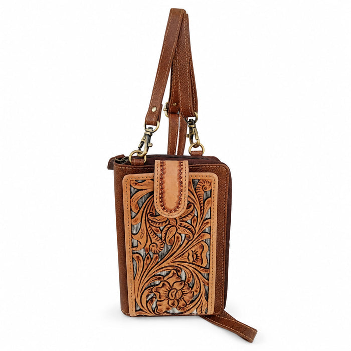 Challenger Western Phone Wallet Crossbody, Leather Organizer w/ Hand Tooled Filigree Floral & Cowhide Inlay 18RSH31