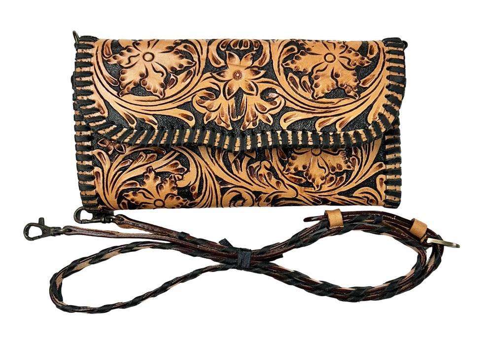 Women's Western Floral Tooled Black Laced Leather Wallet Crossbody Bag 18RSH35