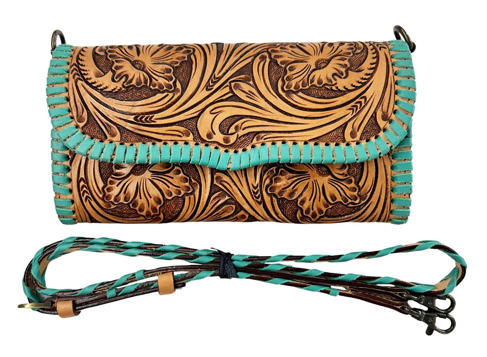 Women's Western Floral Tooled Turquoise Laced Leather Wallet Crossbody Bag 18RSH36