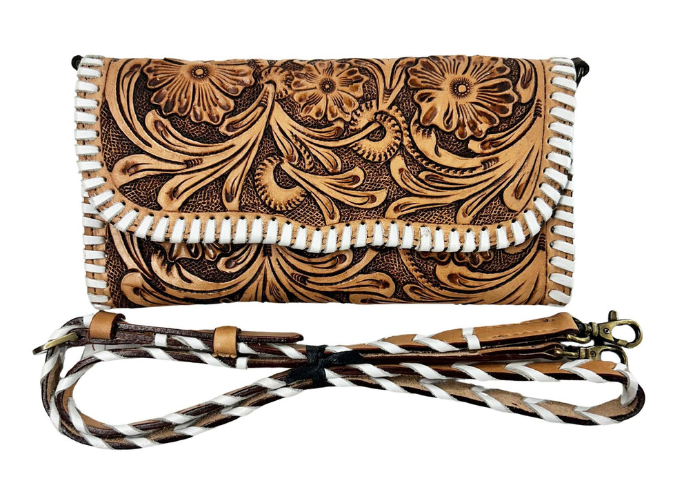 Women's Western Floral Tooled White Laced Leather Wallet Crossbody Bag 18RSH37