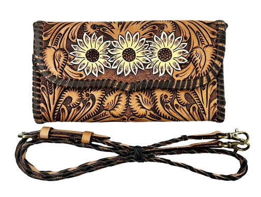 Women's Western Sunflower Tooled Laced Leather Wallet Crossbody Bag 18RSH38
