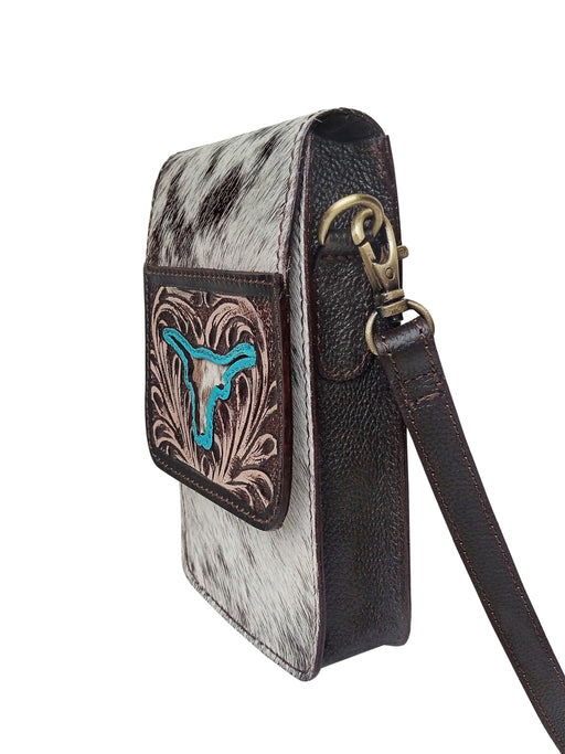 Challenger Women’s Western Cowhide Leather Phone Crossbody Bag – Floral Tooled Front, Turquoise Longhorn Accent, Card Slots & ID Window | 18RSH53