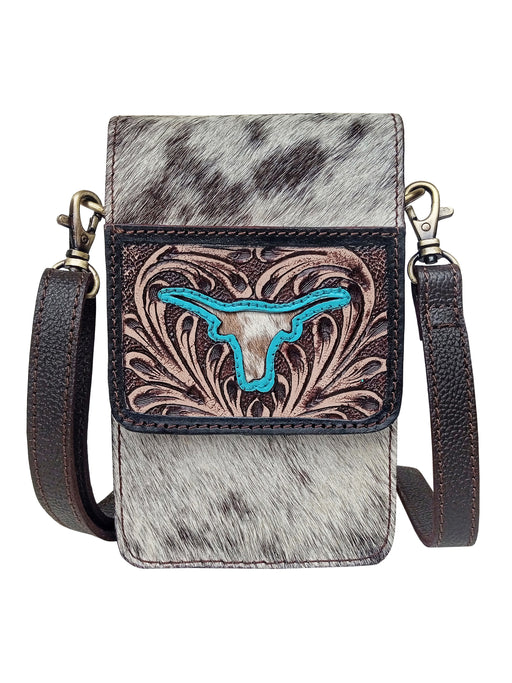 Western Cowhide Turquoise Cowskull Cut-Out Leather Crossbody Phone Bag Pouch 18RSH53