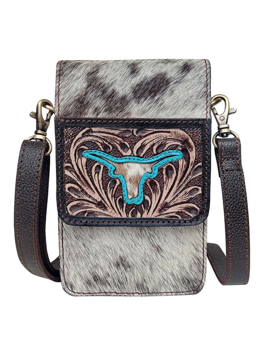 Western Cowhide Turquoise Cowskull Cut-Out Leather Crossbody Phone Bag Pouch 18RSH53