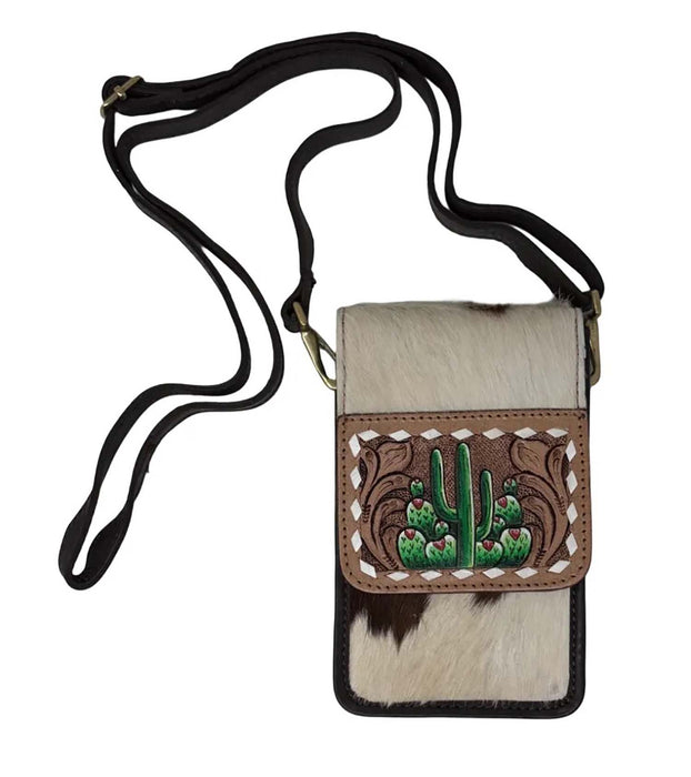 Challenger Tooled Leather Cactus Phone Crossbody Bag w/ Cowhide – Western Mini Purse Wallet Hand Painted 18RSH76