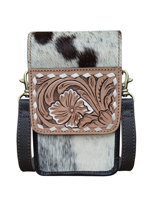 Challenger Tooled Leather Floral Phone Crossbody Bag w/ Cowhide – Western Mini Purse Wallet White Accent 18RSH91