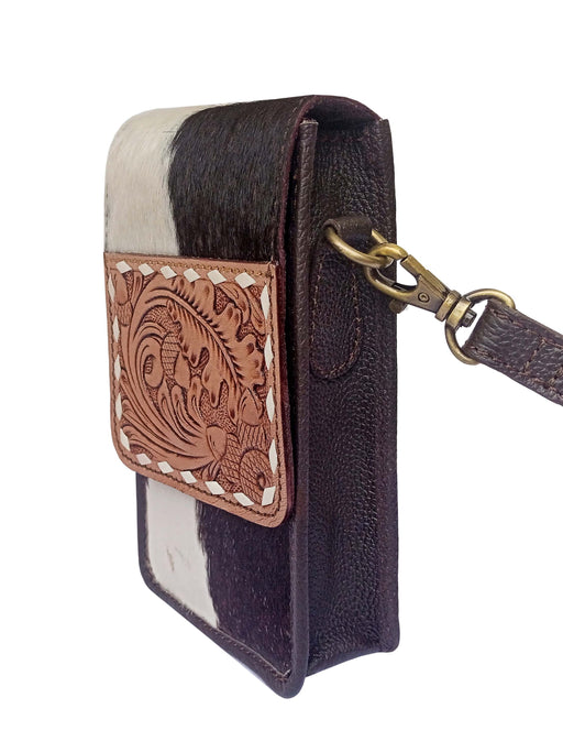 Challenger Tooled Leather Oak Leaf Phone Crossbody Bag w/ Cowhide – Western Mini Purse Wallet 18RSH92