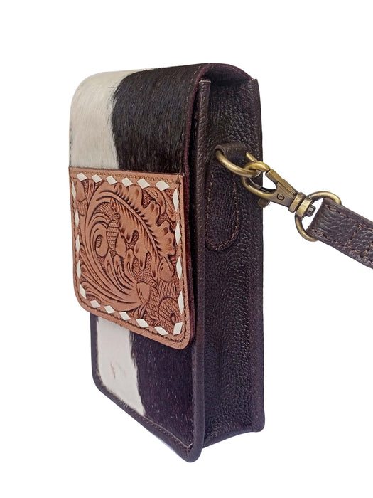 Challenger Tooled Leather Oak Leaf Phone Crossbody Bag w/ Cowhide – Western Mini Purse Wallet 18RSH92