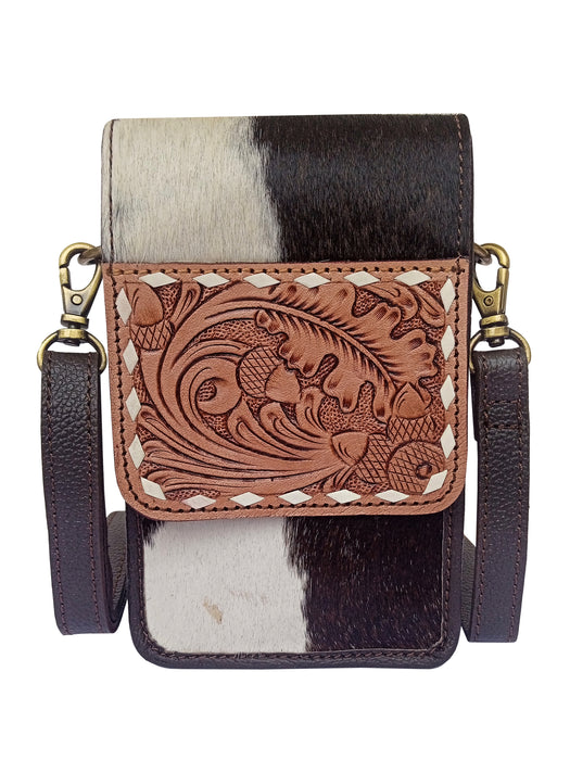 Challenger Tooled Leather Oak Leaf Phone Crossbody Bag w/ Cowhide – Western Mini Purse Wallet 18RSH92