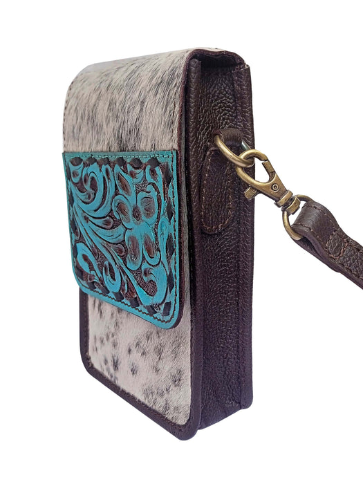 Challenger Turquoise Painted Tooled Leather Phone Bag Cowhide Crossbody Western ID Holder 18RSH94