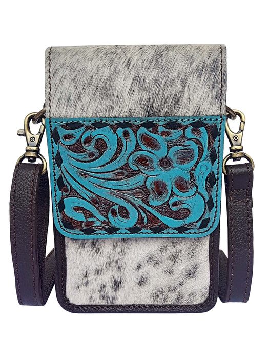 Challenger Turquoise Painted Tooled Leather Phone Bag Cowhide Crossbody Western ID Holder 18RSH94