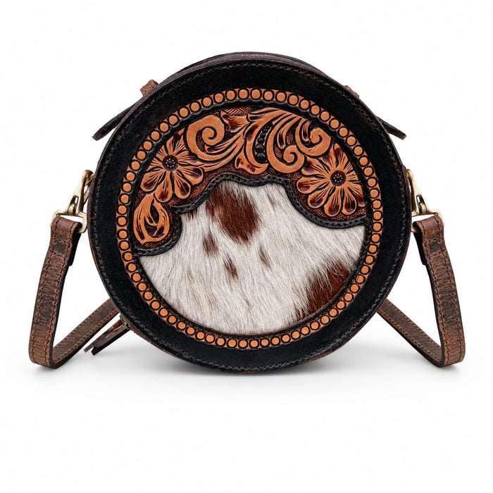Challenger Western Canteen Crossbody Bag, Hand-Tooled Floral Leather w/ Cowhide Round Purse 18RSH95